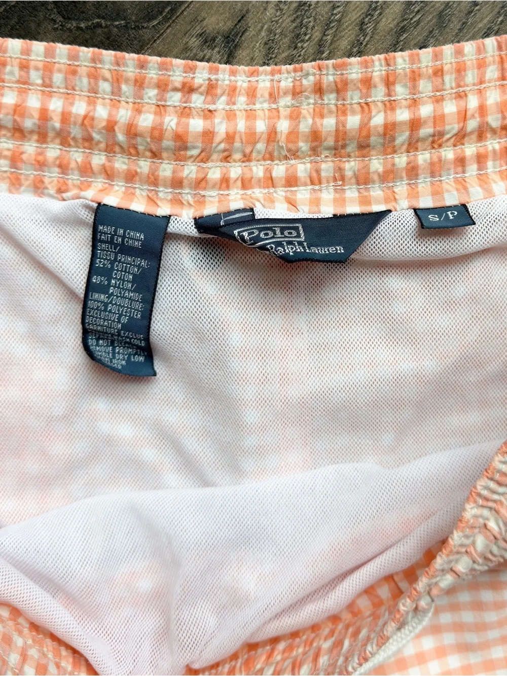 Polo Ralph Lauren Men’s Small Swim Trunks Peach Gingham Check Drawstring Shorts